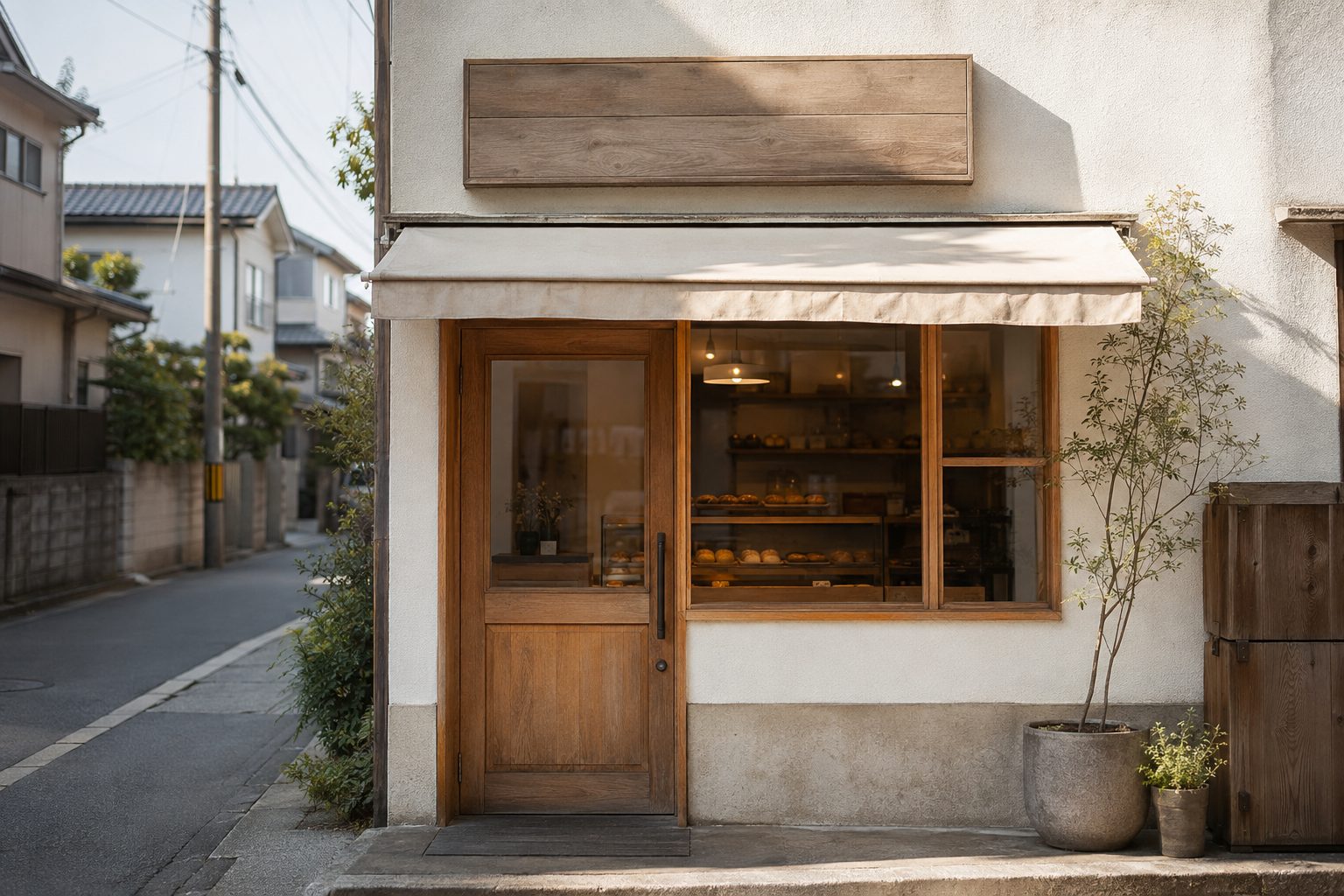 日よけのついた木の扉と大きな窓のある、住宅街のパン屋の外観